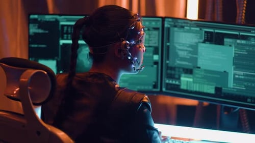 Cyberpunk Girl Backview escribe en el teclado, varios monitores con cadenas de código