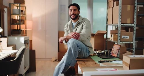 Man, face and relax with logistics for inventory, storage or supply chain distribution at warehouse