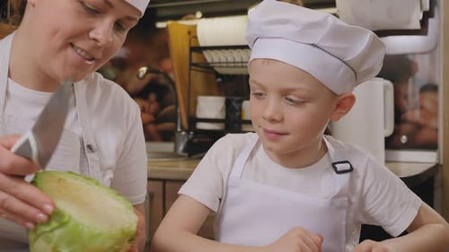 Boy and Woman Cooking Together at Home