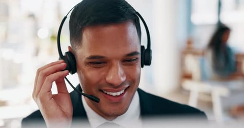 Businessman, call center and face consulting with headphones in telemarketing