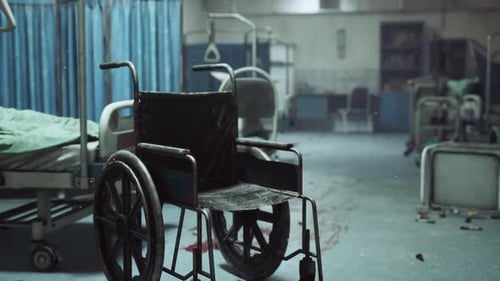 Abandoned Hospital Interior with an Empty Wheelchair and Fragmented Beds