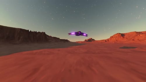 Futuristic Spaceship Flying Over Red Martian Desert