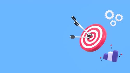 Animación de objetivos empresariales con estrategia y objetivos sobre fondo azul.