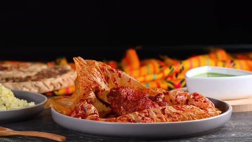Detail Of Chicken Mixiote Bathed In Red Adobo Sauce, Zoom Out