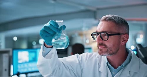 Laboratory, mature man and chemical with microscope testing for chemistry