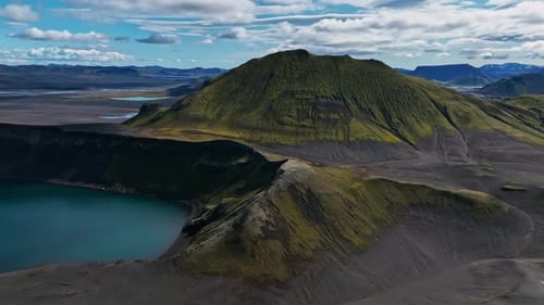 Beautiful Orbit Aerial View of Blahylur Crater Lake in Iceland