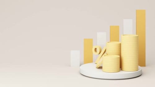 3D Animated Coins Percentage Symbol and Bar Graphs for Financial Data