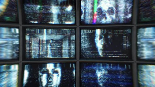 Digital Glitch Data Display on Multiple Monitoring Screens Loop