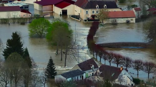 Aerial View the Flooded Houses and the City The Houses are Flooded with Dirty Water of the Flooded