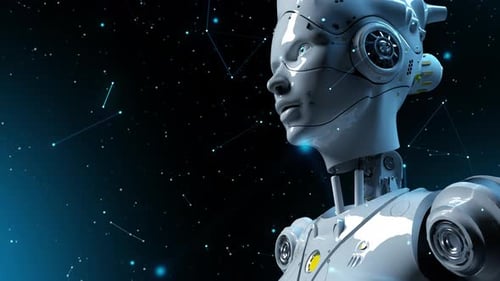 Futuristic Robot Head with Data Network Connection