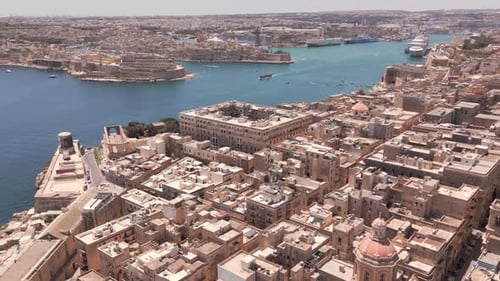 Aerial footage of Valletta, Malta during the midday in spring
