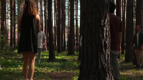 Vacationing people play ball in forest on sunny summer day