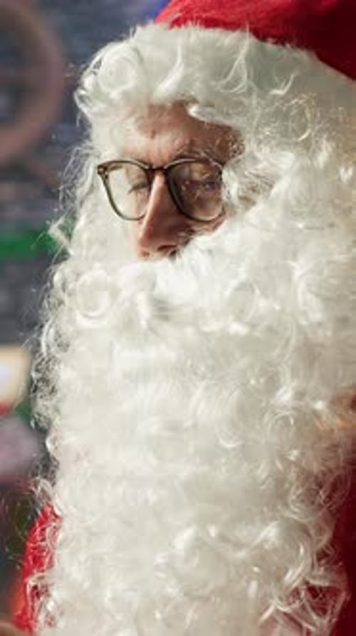 Vertical Video Portrait Santa Showing the Hush Mute Symbol While He Reads Letters