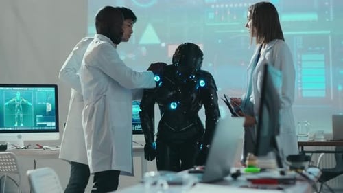 Robot Testing in Professional High Tech Laboratory Three Multiethnic Robotic Specialists Perform
