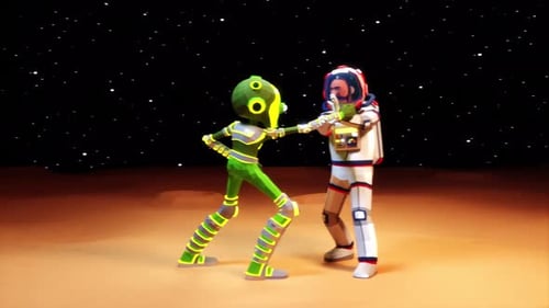 Astronaut in spacesuit and green alien fight in kung fu style