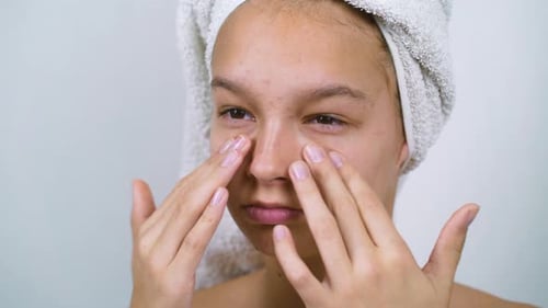 Pessimistic Teenager with Towel on Head Unsatisfied with Her Face with Acne