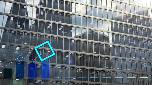 Growth chart with monthly index bars on background of office building windows