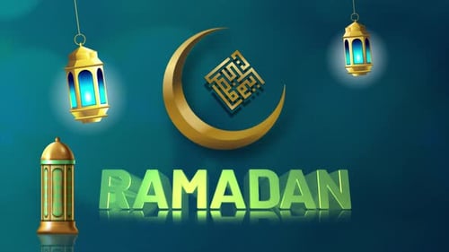 Dreidimensionaler Ramadan-Text mit Laterne und blauem Hintergrund