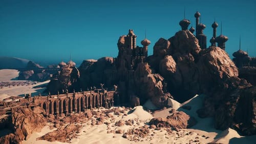 Dusk Envelops Towering Desert Fortress with Vigilant Outposts