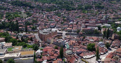 Sarajevo Old Town With Miljacka River In Bosnia and Herzegovina. - aerial shot
