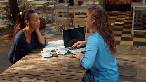 Portrait of Young Casual Entrepreneur Woman Team, Meeting at Cafe and Smiling