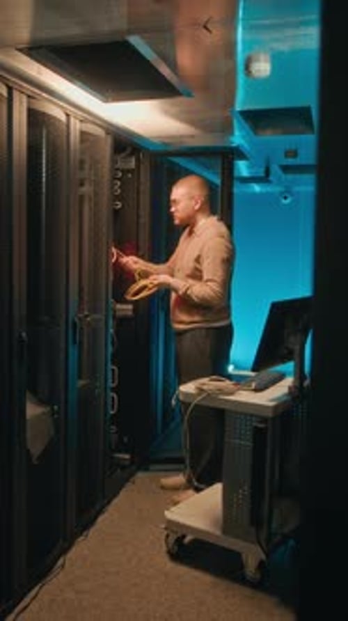 Man Working With Server in Data Center