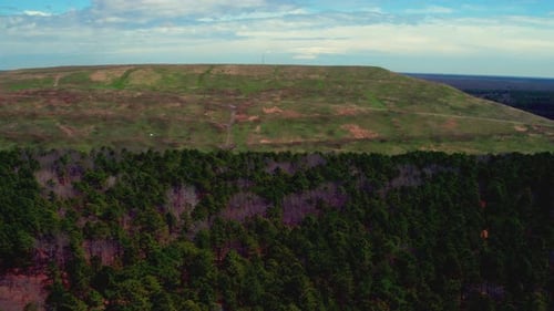 Drohne, die an einem sonnigen, wolkenreichen Tag über einem Wald in Richtung eines grasbewachsenen Hügels fliegt.