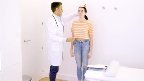 Arzt misst die Größe einer Frau in einer Klinik
