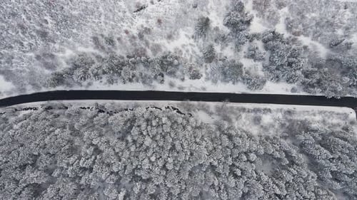 Mountain forest road in snowy winter landscape, aerial bird's eye view