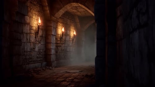 Medieval Castle Gothic Tunnel Dungeon with Wall-Mounted Torches & Stone Walls