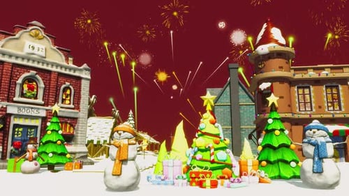 Christmas Town Celebration with Snowmen and Fireworks