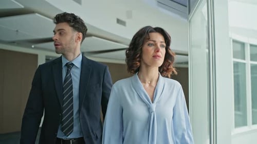 Corporate Colleagues Walking Hallway Modern Office Closeup Company Coworkers