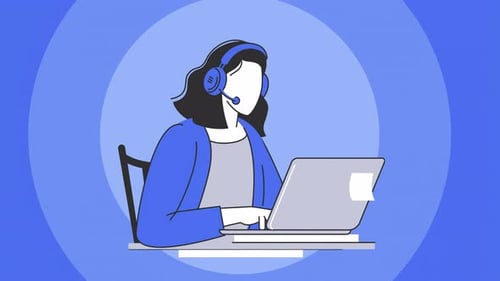 Animated Flat Design Illustration: Person Working on Laptop with Headset