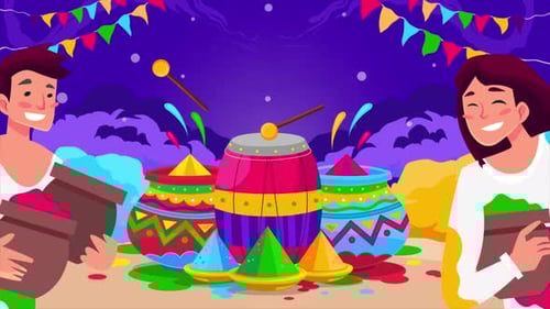 Vibrant Holi Festival Celebration Animation with Colorful Drums and Powder