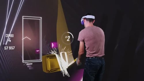 Young Adult Playing Futuristic Virtual Reality Rhythm Game