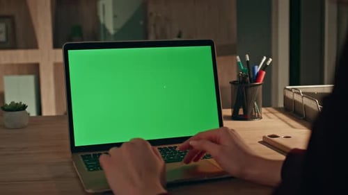 Startuper Looking Greenscreen Laptop Browsing Website at Home Office Close Up
