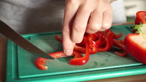 Dicing Red Bell Pepper on Cutting Board