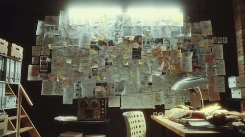 Bureau de détective avec commission d'enquête criminelle sur le mur pendant la nuit