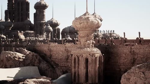 A Large Stone Building with Many Spires on Top of It