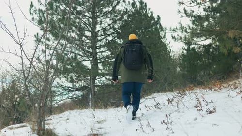 Winter Wilderness Adventurous American Hiker Walking Quest Back View