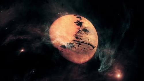 Rotating Orange Planet in Space with Glowing Nebulae