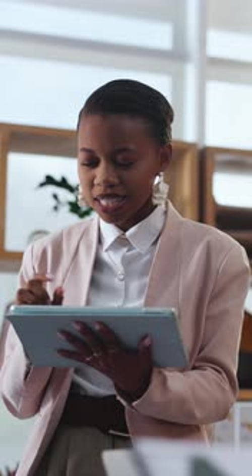 Business, idea or black woman with tablet for presentation in office, insurance proposal or talking