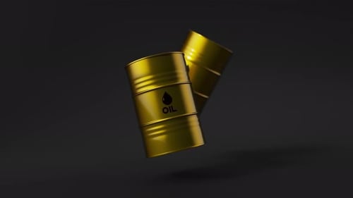 Deux barils de pétrole en métal doré flottent sur fond noir, vue de face, concept de l'industrie pétrolière, boucle de rendu 3D