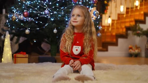 Smiling Girl in Christmas Sweater Near Decorated Tree