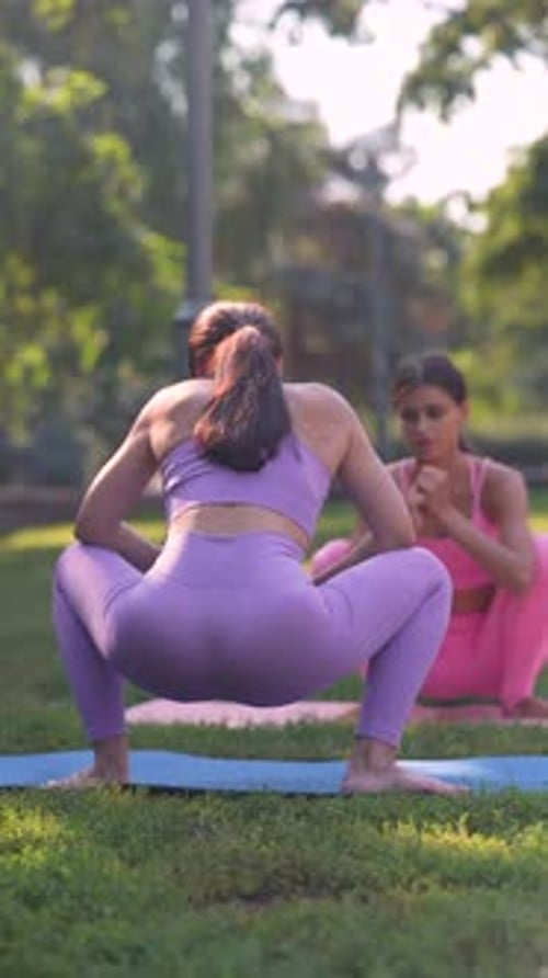A Mother and Her Adult Daughter Both Sporty and Attractive are Practicing Yoga in the Urban Park