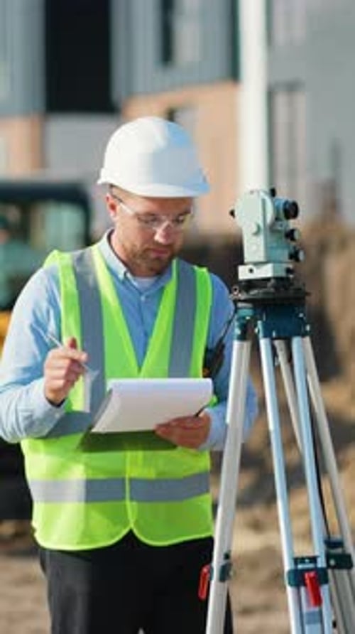 Construction Surveyor Working with Theodolite on Building Site
