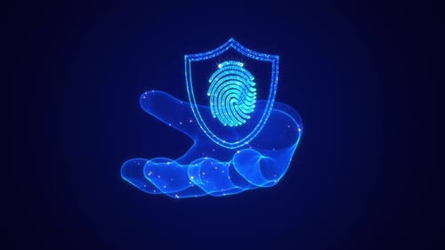 Holographic Hand Holding Fingerprint Shield for Digital Security