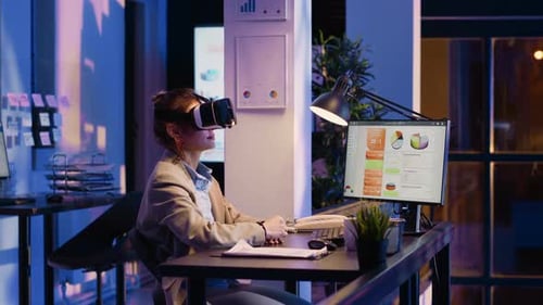 Woman Uses VR Headset in Modern Office