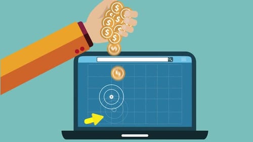 Flat Design Animation of Hand Dropping Coins into Laptop with Growth Chart