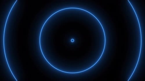 Blue neon concentric circles expanding from center on transparent background.